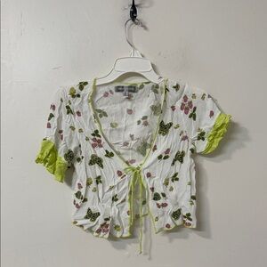 Urban Outfitters White and Green Tie-Front Top